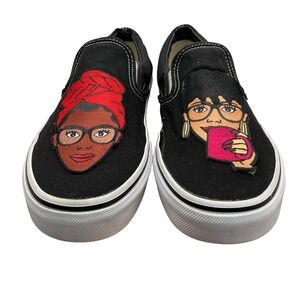 Vans Classic Slip-On Black Canvas Custom Graphic Portrait Sneakers Womens 10